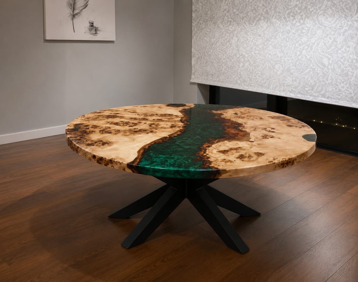 Emerald Green Resin & Burl Wood Coffee Table
